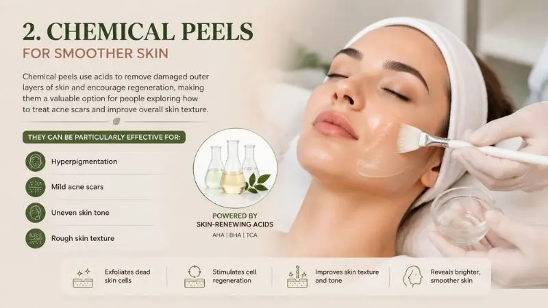 Common types of chemical peels including glycolic acid peels, salicylic acid peels, and TCA peels used for acne scars, pigmentation, and skin texture improvement
