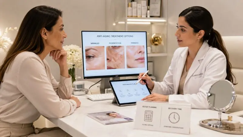Woman consulting a skincare specialist to choose the right anti-aging treatment based on skin concerns, goals, budget, and downtime preferences.