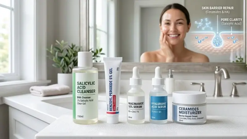 How to choose right acne products focusing on salicylic acid benzoyl peroxide niacinamide hyaluronic acid and ceramides while avoiding harsh ingredients