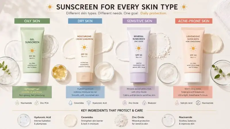 Different sunscreen formulas for oily, dry, sensitive, and acne-prone skin types displayed in a professional skincare arrangement.