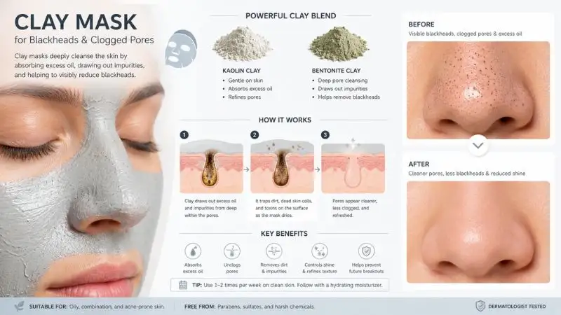 Skincare illustration showing clay mask applied on nose area absorbing excess oil and impurities from clogged pores for blackhead removal