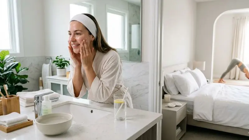 Expert Skincare Tips for Clear Skin showing daily cleansing hydration stress management and healthy skincare habits recommended by dermatologists