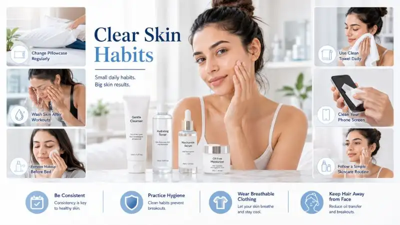 Woman following healthy daily habits for clearer skin, including clean pillowcases, skincare routine, makeup removal, and hygiene practices.
