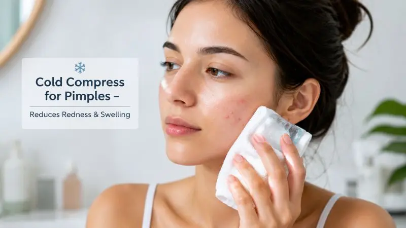 Woman applying cold compress on face to reduce acne swelling, redness, and skin irritation in a clean skincare routine setting.