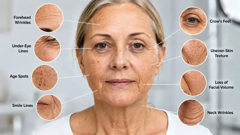 Close-up view of common signs of aging skin including fine lines, wrinkles, sagging skin, uneven tone, age spots, and loss of facial volume.