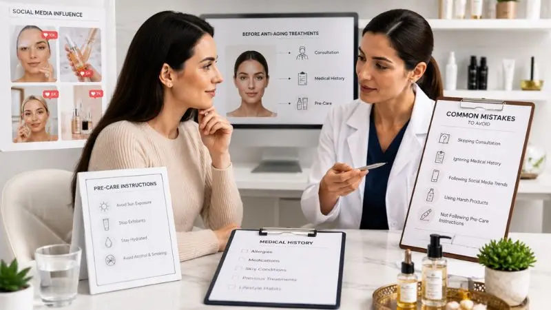 Dermatology consultation scene highlighting common mistakes before anti-aging treatments such as skipping consultation, ignoring medical history, and following social media trends.
