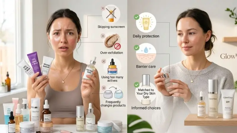 Woman learning to avoid common skincare mistakes such as skipping sunscreen, over-exfoliating, and using unsuitable skincare products.