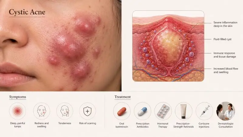 Types of Acne and How to Treat Them infographic showing severe cystic acne, deep skin inflammation, symptoms, and dermatologist-recommended treatment options.