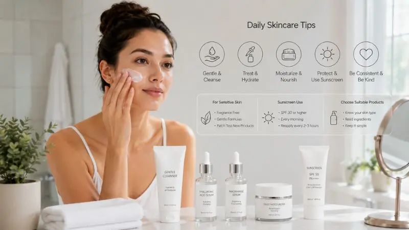 Daily skincare tips for sensitive skin, sunscreen use, and healthy skin routine