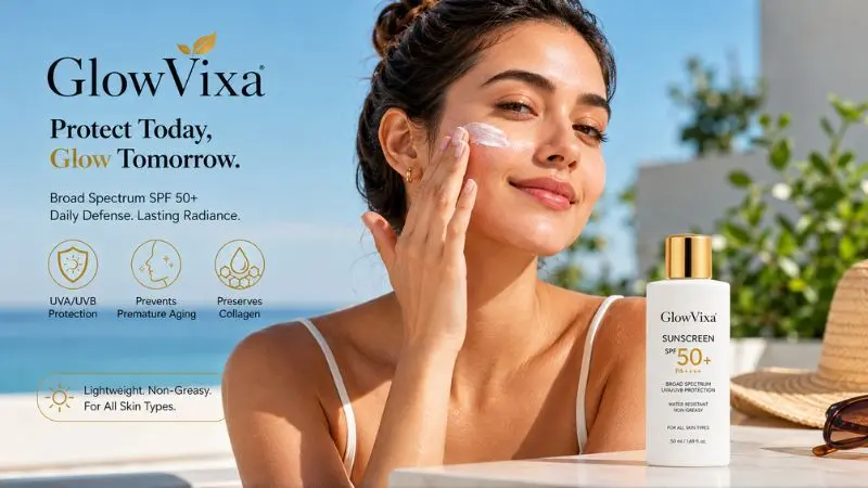 Woman applying sunscreen to her face outdoors for UV protection, healthy skin, and anti-aging benefits.