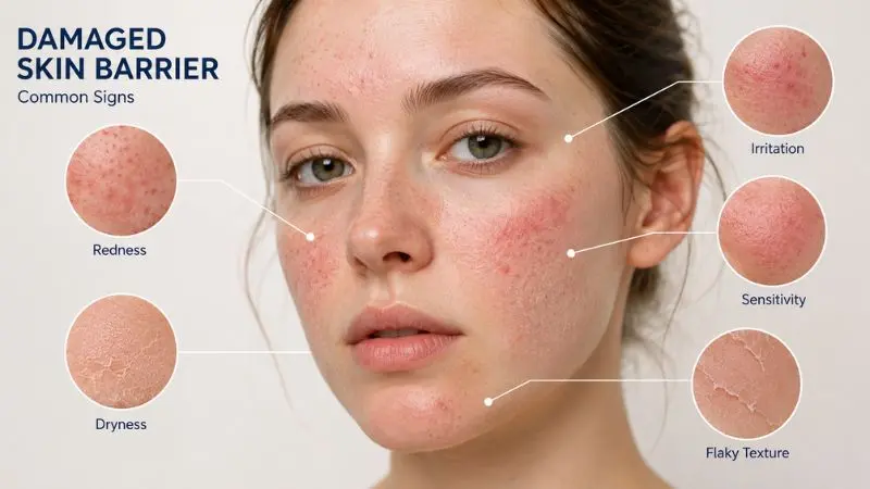 Common signs of damaged skin barrier including redness dryness and irritation