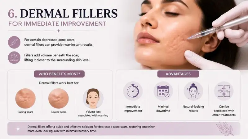 Dermal fillers for acne scars treatment showing immediate volume restoration in depressed scars such as rolling and boxcar scars with improved skin texture and natural results