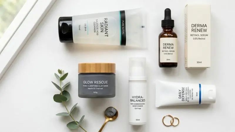 Dermatologist-recommended skincare products for blackheads including salicylic acid cleanser, retinol serum, clay mask, moisturizer, and sunscreen