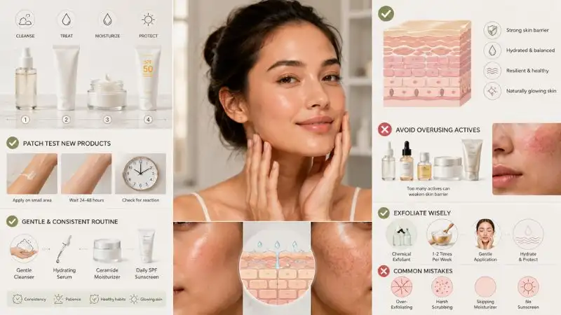 Dermatologist-approved skincare tips showing routine consistency skin barrier care patch testing and healthy glowing skin