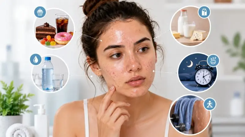 Young person with acne-prone skin surrounded by diet and lifestyle factors including sugary foods, dairy products, lack of sleep, dehydration, and post-workout sweat that may trigger acne breakouts.