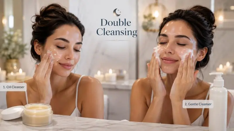 Double cleansing night skincare routine removing makeup sunscreen and impurities for clear glowing skin overnight