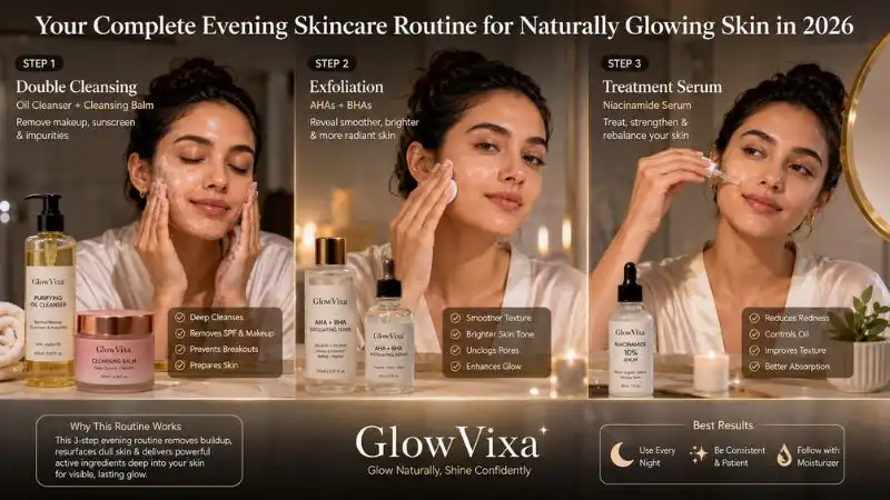 Woman following an evening skincare routine with double cleansing, exfoliation, and treatment serum application for healthy, naturally glowing skin.