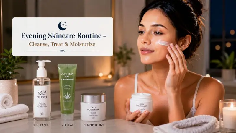 Woman following an evening skincare routine using a cleanser, acne treatment product, and moisturizer for healthy skin care.