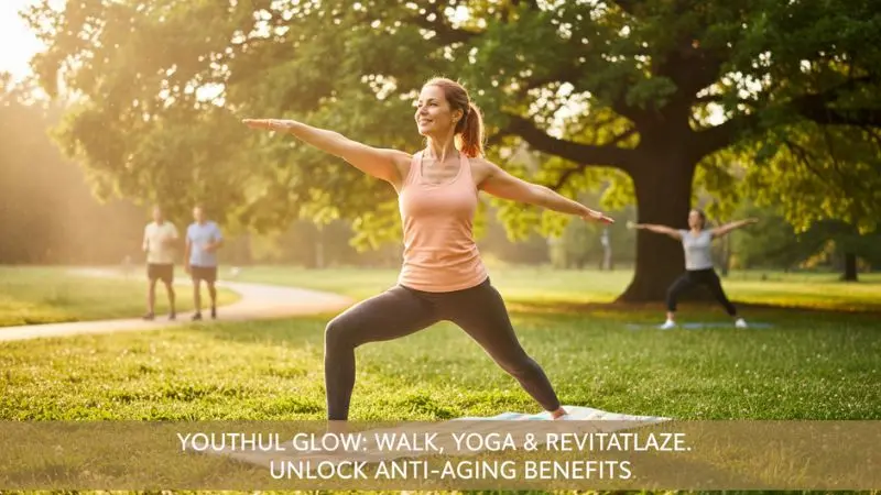 Exercise for anti aging skin including walking, yoga, cardio, and face yoga to improve blood flow and achieve youthful glowing skin