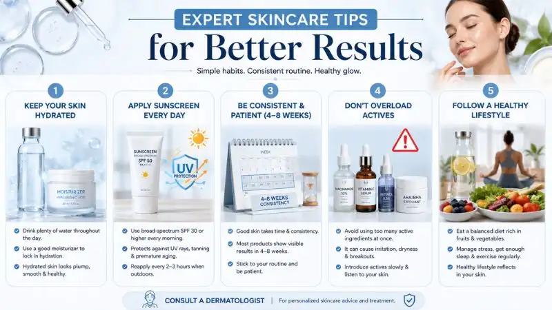 Professional skincare infographic showing expert tips for better salicylic acid results including hydration, sunscreen use, consistency, avoiding excess active ingredients, and maintaining a healthy lifestyle.