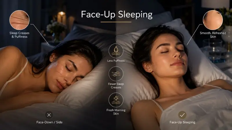 Face-up sleeping technique showing reduced puffiness, fewer sleep creases, and fresher morning skin