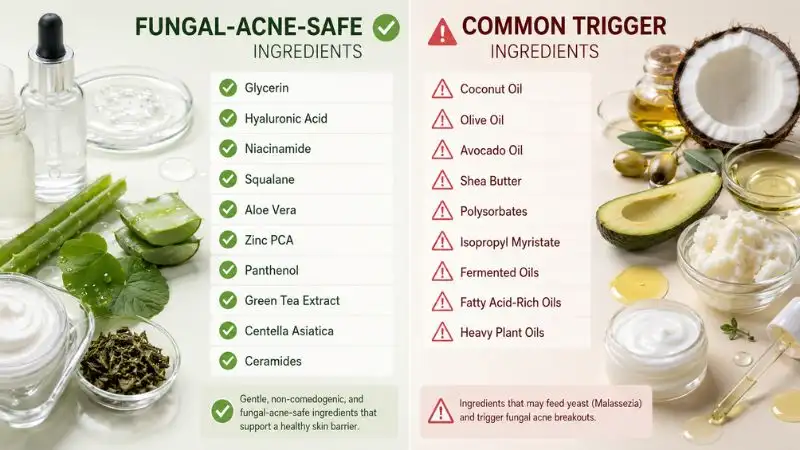Fungal acne safe ingredients and common trigger ingredients comparison infographic showing skincare ingredients that may support or worsen Malassezia breakouts.