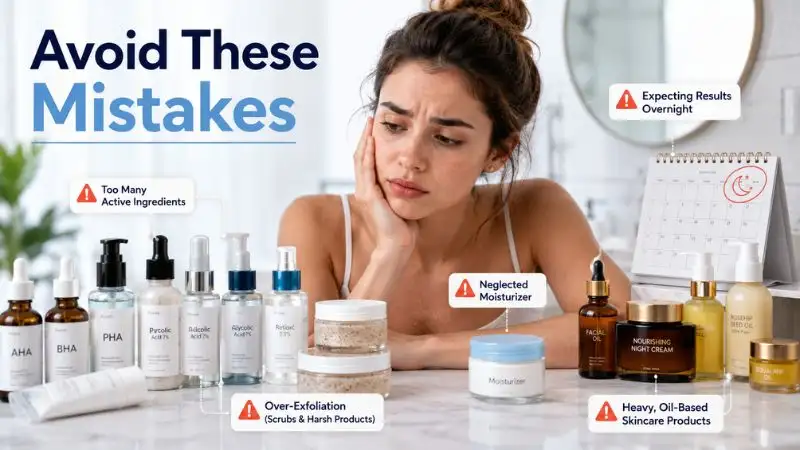 Woman reviewing skincare products with visual examples of common mistakes that can worsen fungal acne, including over-exfoliation and heavy oils.