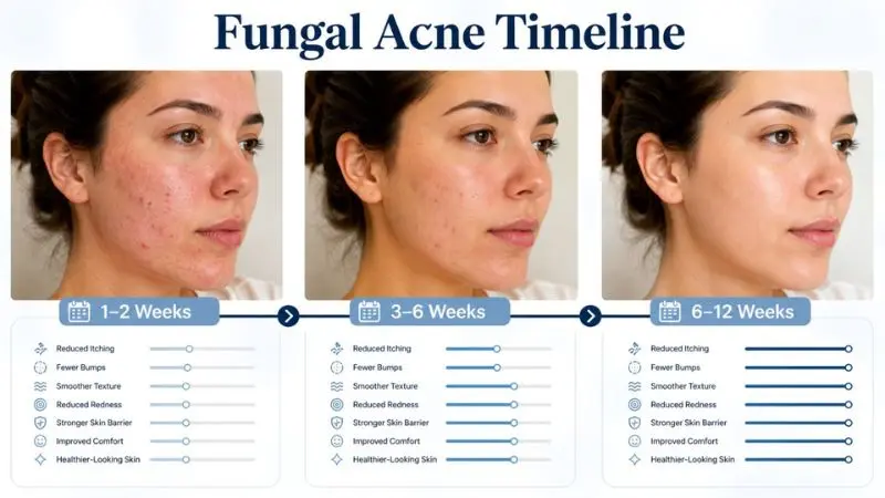 Timeline showing gradual fungal acne improvement over 1 to 12 weeks with clearer skin, reduced redness, and a stronger skin barrier.