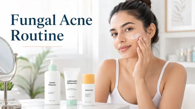 Woman using a fungal acne safe skincare routine with gentle cleanser, lightweight moisturizer, and sunscreen in a professional skincare setting.