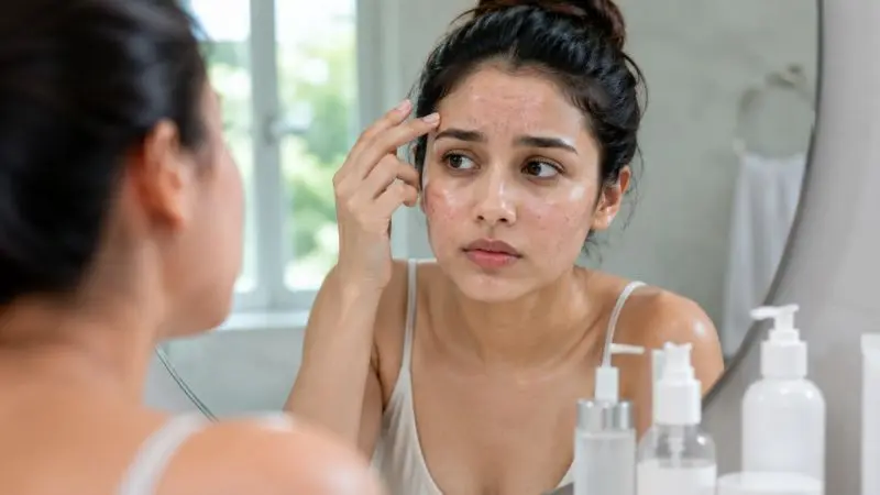Woman with fungal acne (Malassezia folliculitis) showing tiny bumps and mild redness on her face while following a skincare routine for clearer skin.