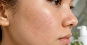 Close-up view of fungal acne (Malassezia folliculitis) showing tiny uniform bumps and mild redness on a young woman's cheek, highlighting common fungal acne symptoms and skin texture concerns.