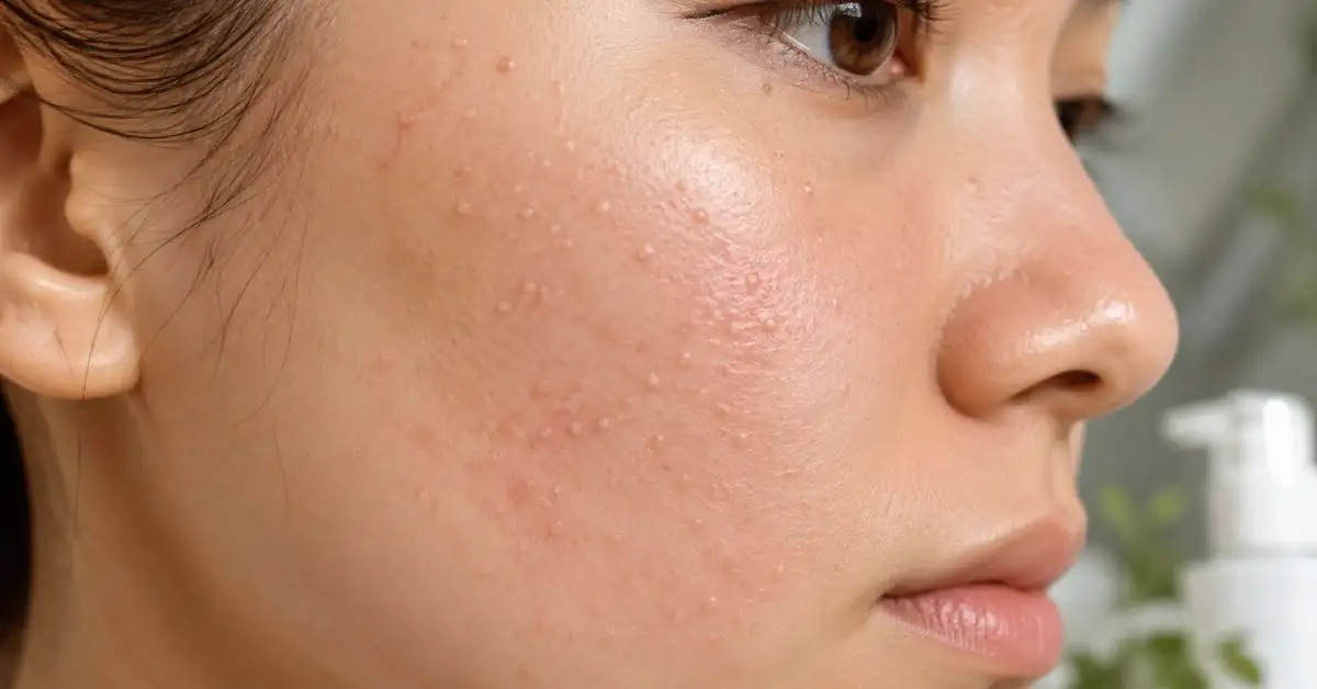 Close-up view of fungal acne (Malassezia folliculitis) showing tiny uniform bumps and mild redness on a young woman's cheek, highlighting common fungal acne symptoms and skin texture concerns.