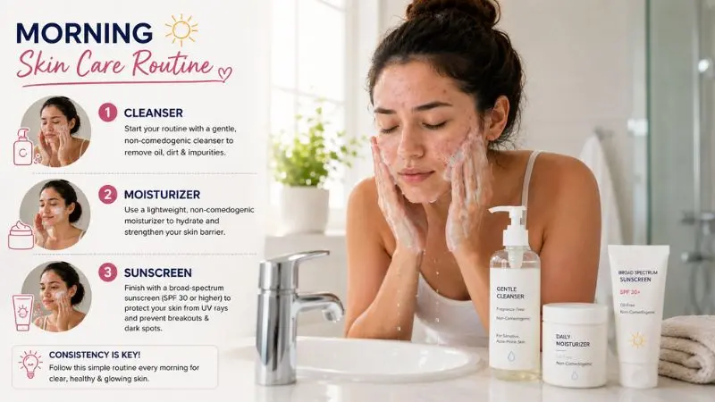 Young woman with acne-prone skin using a gentle facial cleanser as part of her morning skincare routine to remove excess oil without irritating the skin.