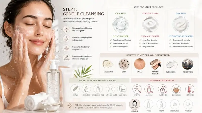 Gentle cleansing routine showing the right cleanser choices for oily, sensitive, and dry skin types for healthy glowing skin