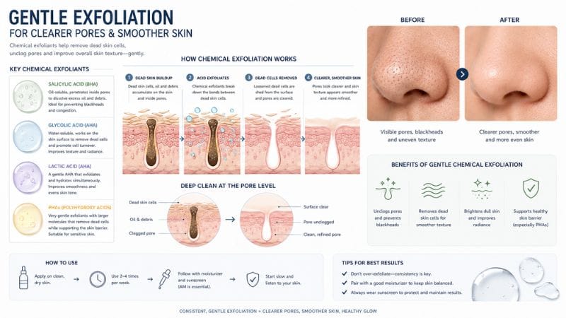 Skincare illustration showing gentle exfoliation process removing dead skin cells from nose pores using acids like salicylic, glycolic, and lactic acid