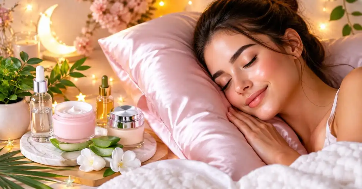 "Glowing skin overnight with a woman sleeping peacefully beside skincare products and a nighttime beauty routine."