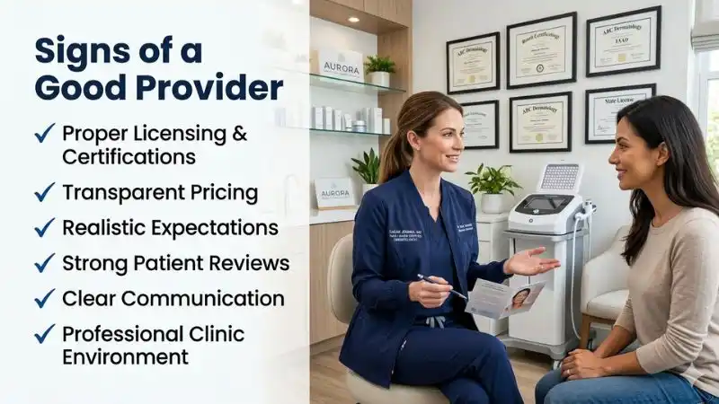 Dermatologist consulting a patient in a professional clinic with certifications, patient reviews, and transparent treatment information.