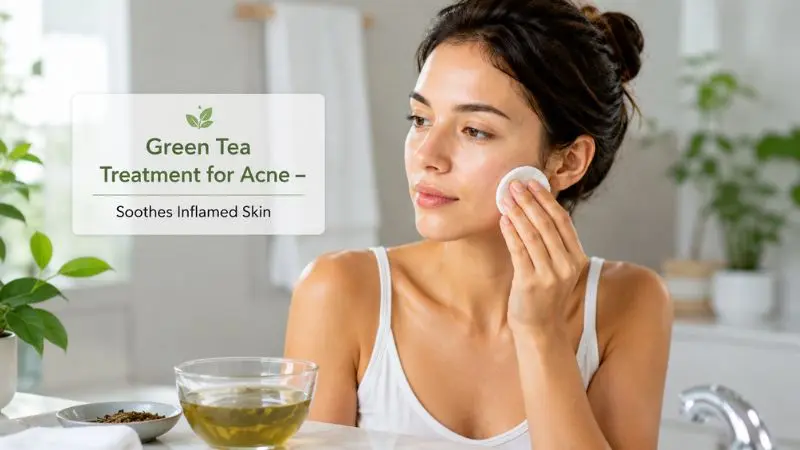 Woman applying cooled green tea with cotton pad on face to soothe inflamed acne-prone skin in a natural skincare routine.