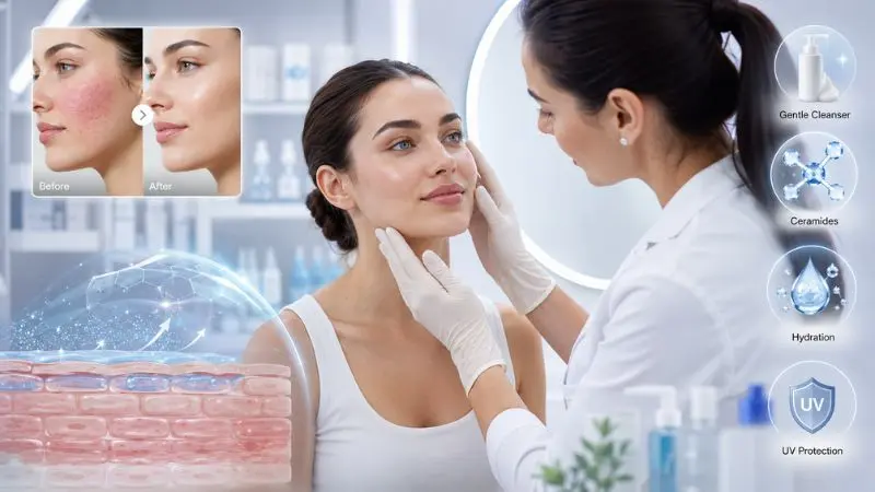 Dermatologist-inspired skin barrier recovery illustration showing hydration, ceramides, UV protection, and healthy resilient skin.