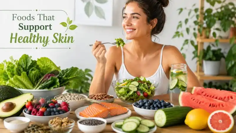 Healthy foods including leafy greens, berries, fatty fish, nuts, seeds, whole grains, and water-rich fruits that support skin health.
