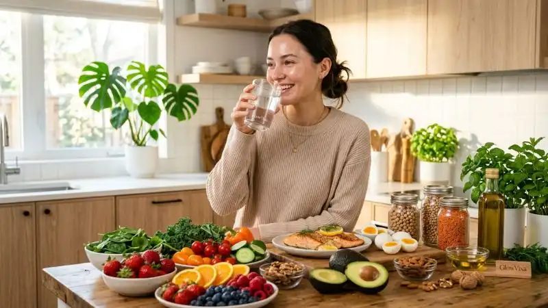 Healthy woman drinking water and eating nutrient-rich foods including fruits, vegetables, healthy fats, and lean proteins for naturally glowing skin.