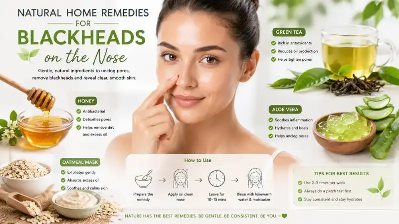 Natural home remedies for blackheads including honey, green tea, aloe vera, and oatmeal used to support clearer nose pores and healthier skin
