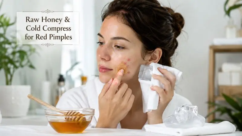 Woman using raw honey and a cold compress to reduce redness, swelling, and irritation from red pimples naturally.
