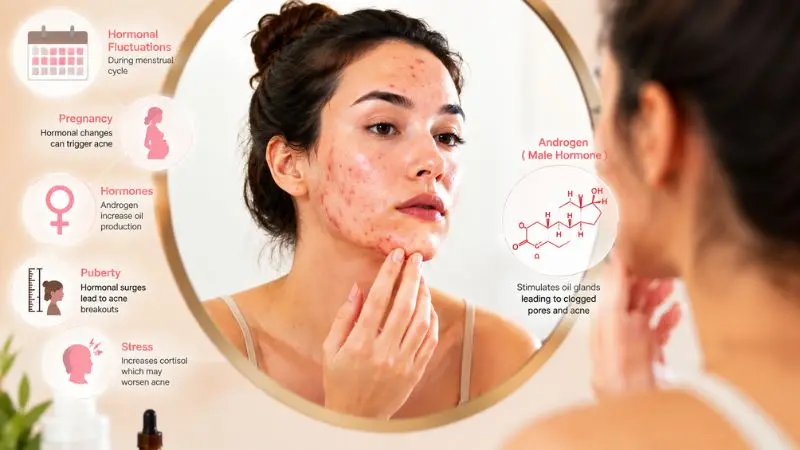 Young woman with acne-prone skin and hormonal acne breakouts, representing the effects of puberty, periods, pregnancy, stress, and hormonal imbalances on skin health.