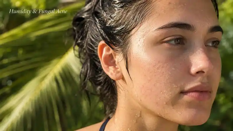 Woman with fungal acne and visible tiny bumps in a hot humid environment, illustrating how sweat and moisture can worsen Malassezia folliculitis.