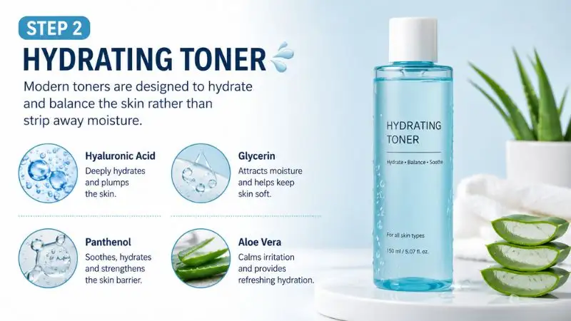 Hydrating toner being applied to clean skin to balance moisture and refresh the face using gentle skincare ingredients.