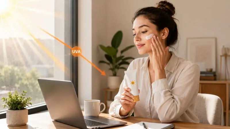 Woman applying broad-spectrum sunscreen indoors near a sunny window to protect her skin from UVA rays passing through glass