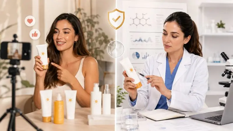 Comparison of a social media influencer reviewing sunscreen and a dermatologist providing evidence-based skincare advice in a clinical setting.