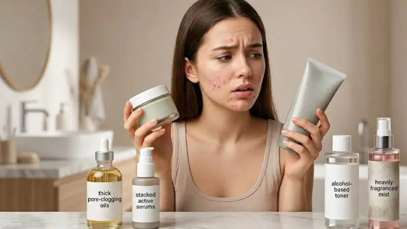 Young woman with acne-prone skin examining skincare products, highlighting ingredients to avoid such as heavy creams, harsh scrubs, alcohol toners, fragrances, and pore-clogging oils.