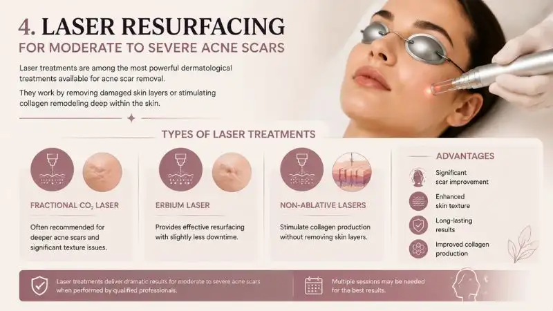 Laser resurfacing for acne scars including fractional CO2 laser, erbium laser, and non-ablative lasers to improve skin texture, stimulate collagen, and reduce scar appearance